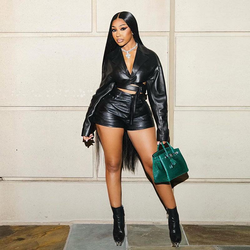 Women Sexy Turndown Collar V Neck Pu Leather Top and Shorts Two Piece Set