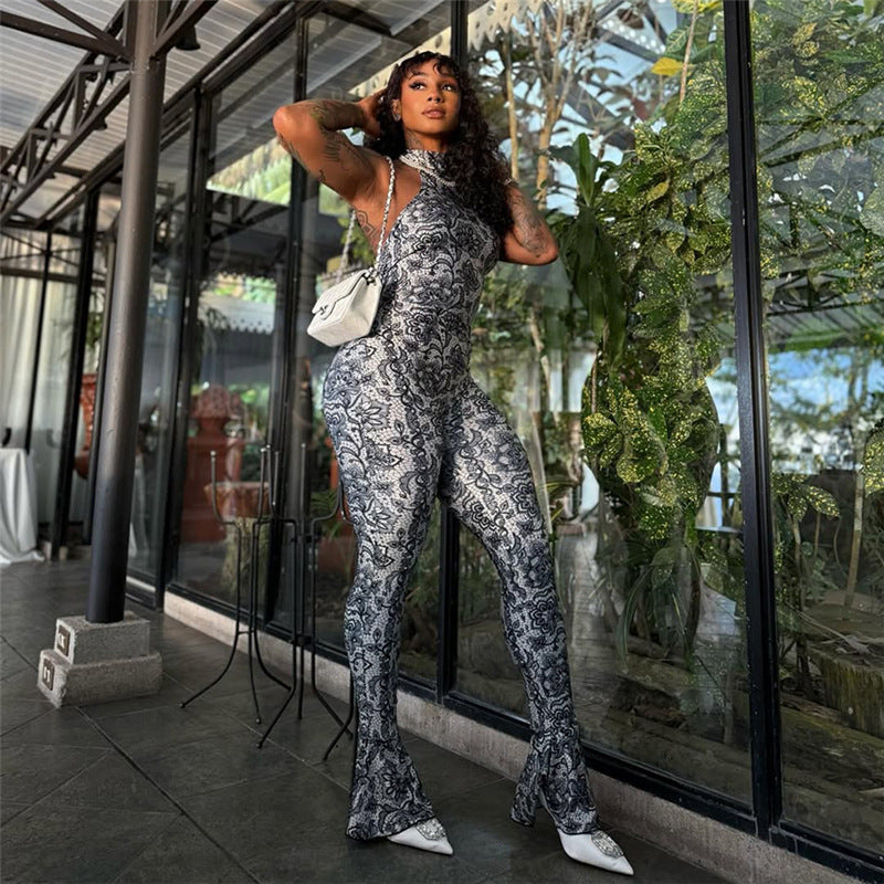 Women Summer Style Printed Sleeveless Backless Jumpsuit 3