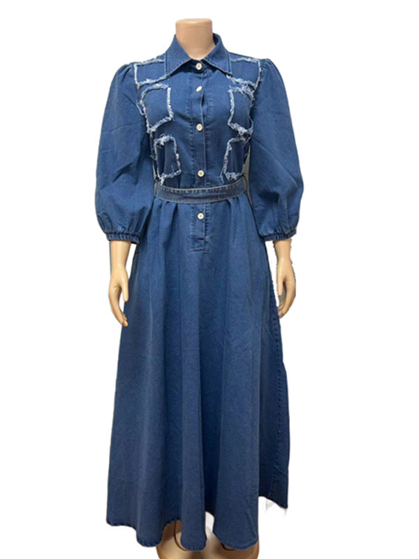 Women Casual Belted Denim Long-Sleeved Dress 6