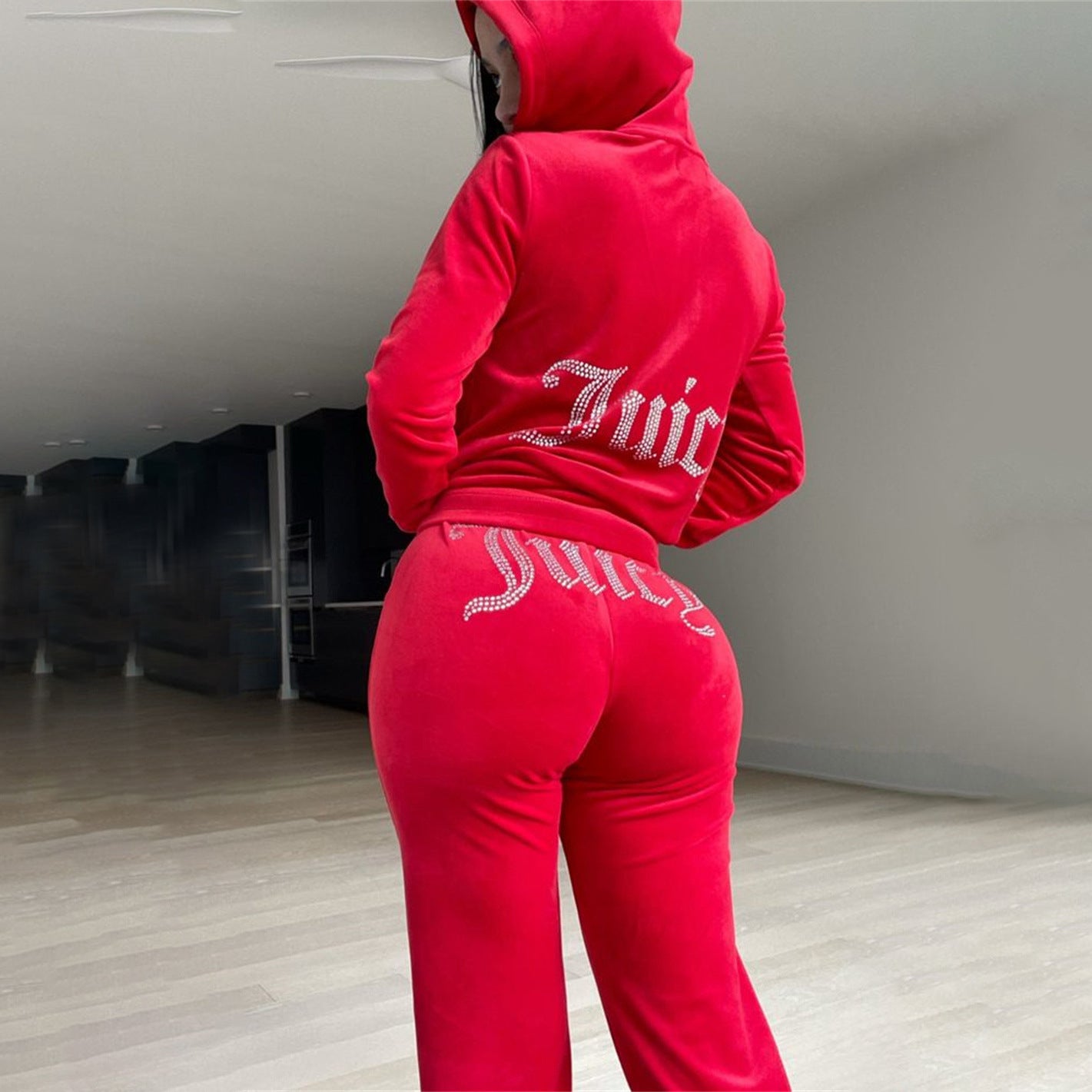 Women Casual Solid Letter Beaded long-sleeved Hoodies long pants two-piece suit