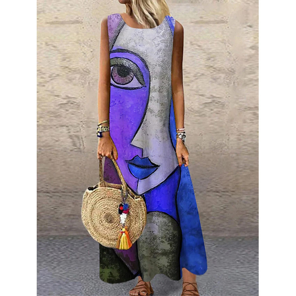 Women Vintage Print Sleeveless Round Neck Maxi Dress 5