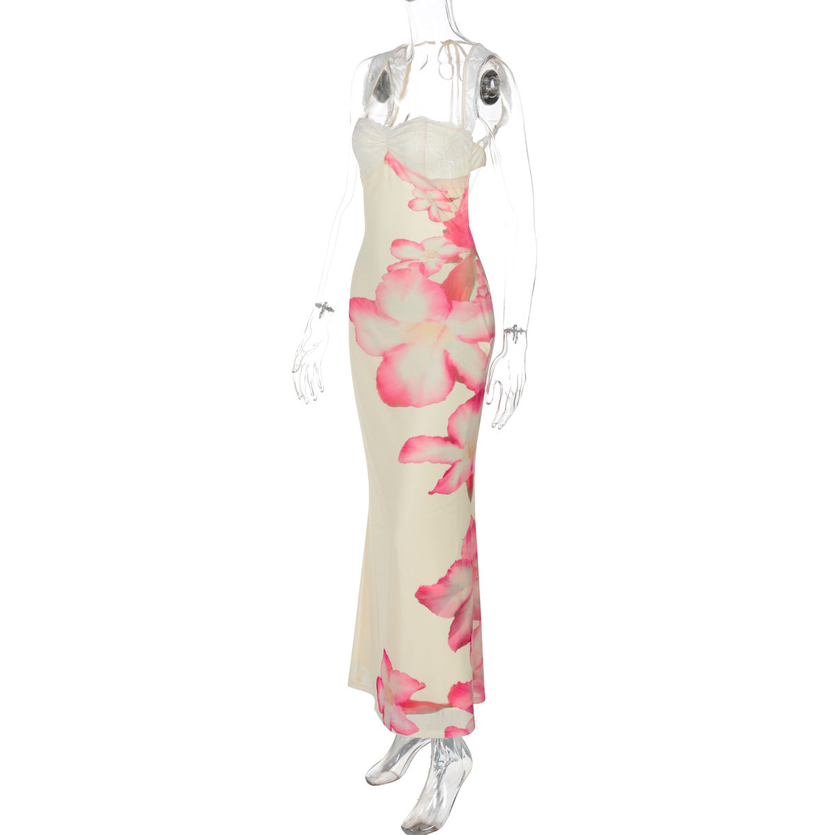 Women's Summer Flower Print Lace Patchwork Strap Low-Back Dress 7