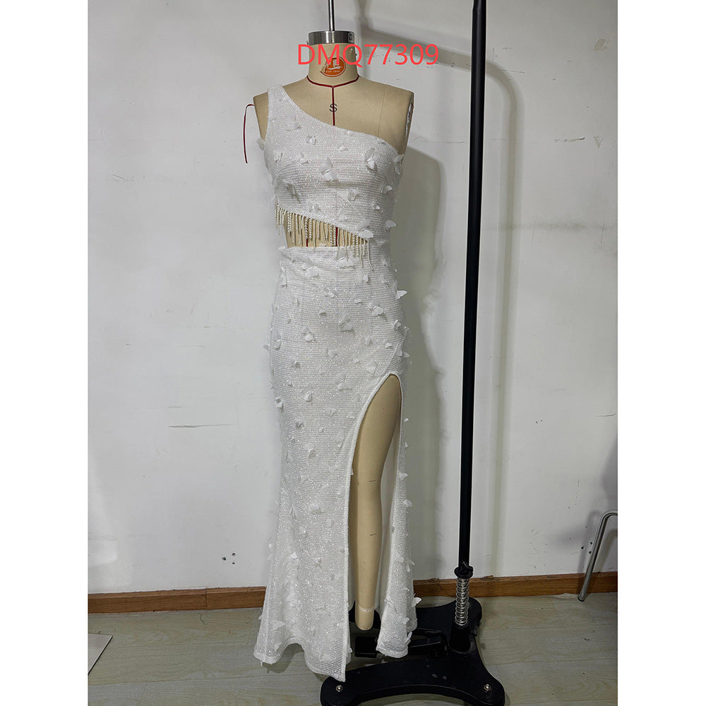 One-Shoulder Tassel Mesh Slim Dress Formal Party Wear 9