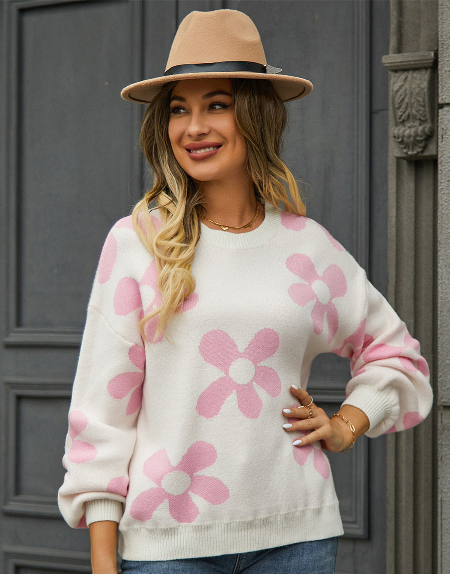 Autumn and winter women's printed sweater pullover flower plus size sweater 8