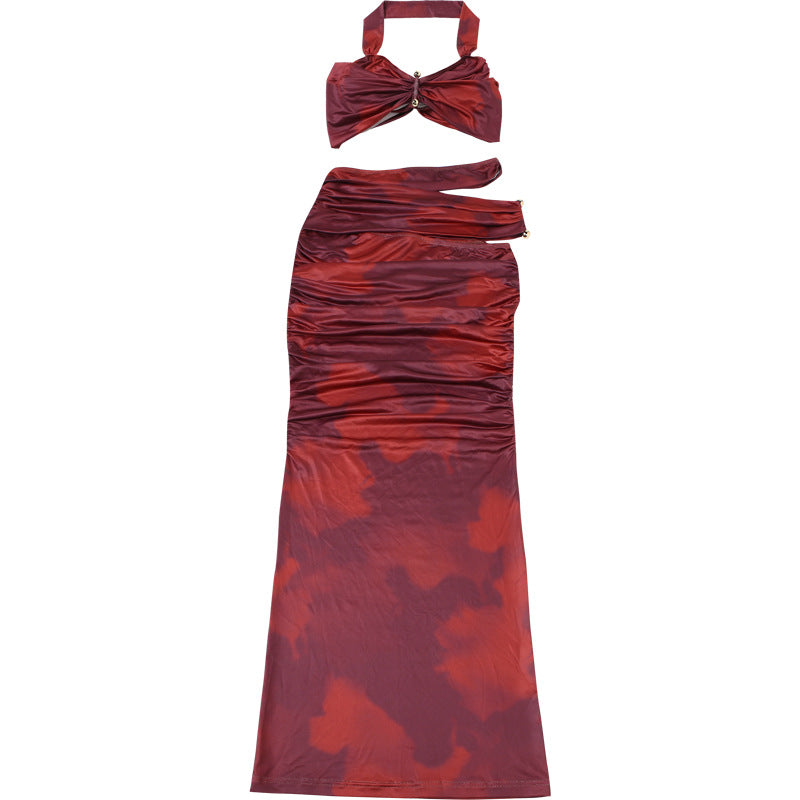 Summer Women's Sexy Halter Neck Off-Shoulder Sleeveless Top & Fitted Ruched Long Skirt Set 17