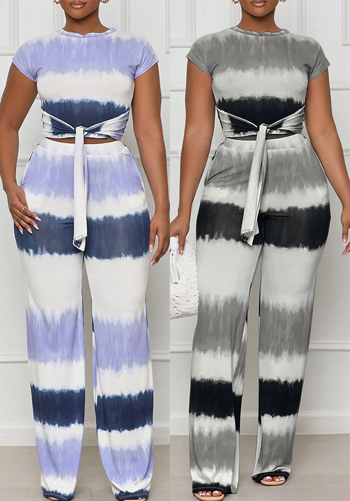 Women's Fashion Tie Waist Open Waist Top Sexy Straight Pants Gradient Color Outfit Set