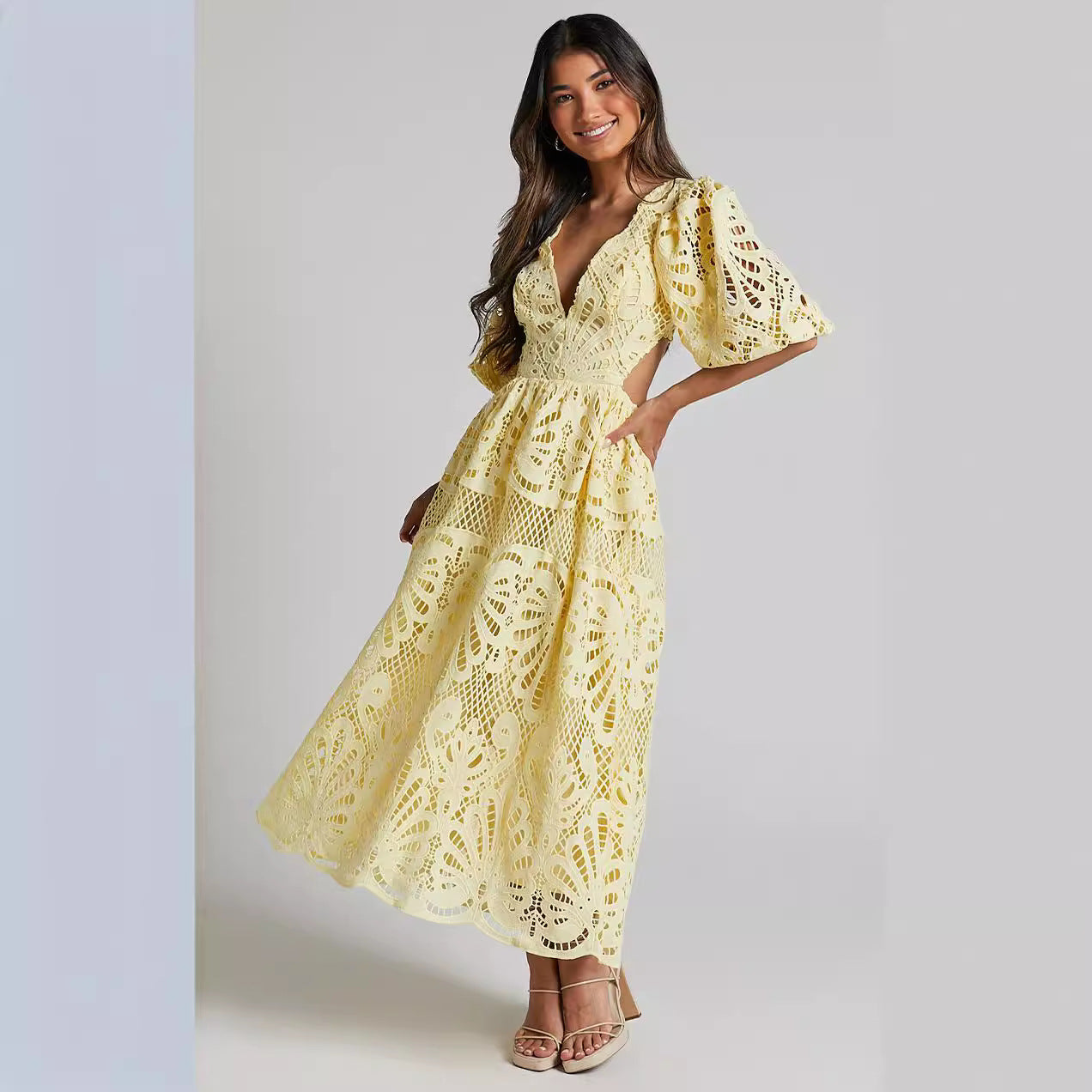 Women's Summer v-neck lace embroidery sexy hollow Waist long dress