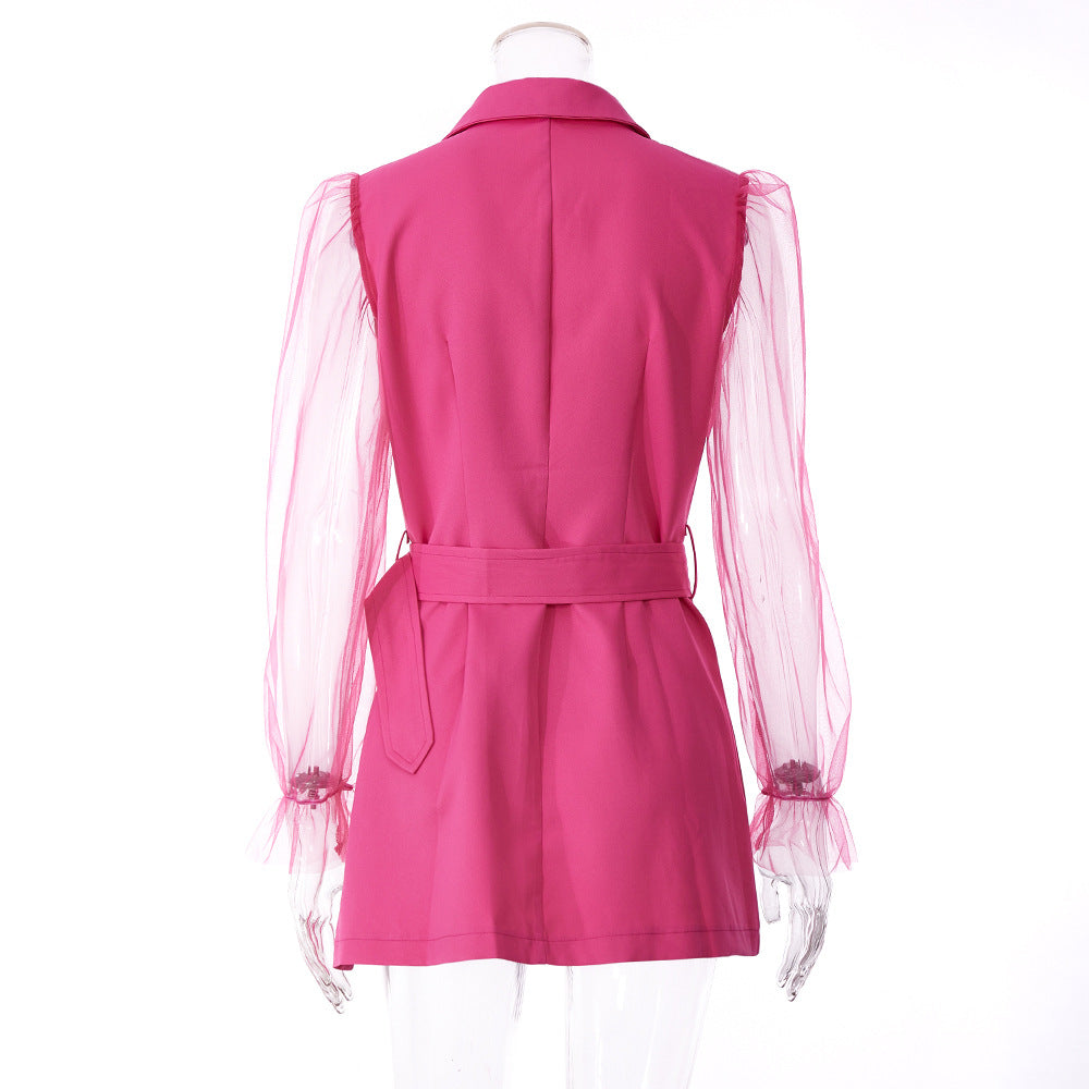 Spring Sexy See-Through Mesh Long Sleeve Double Breasted Slim Waist Chic Women Blazer Dress 28