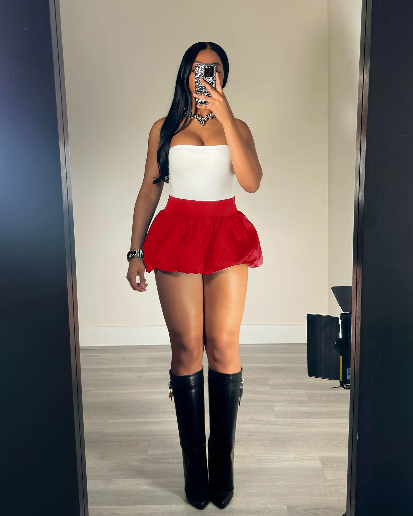 Women Solid Stretch Pleated Skirt Bubble Skirt 7