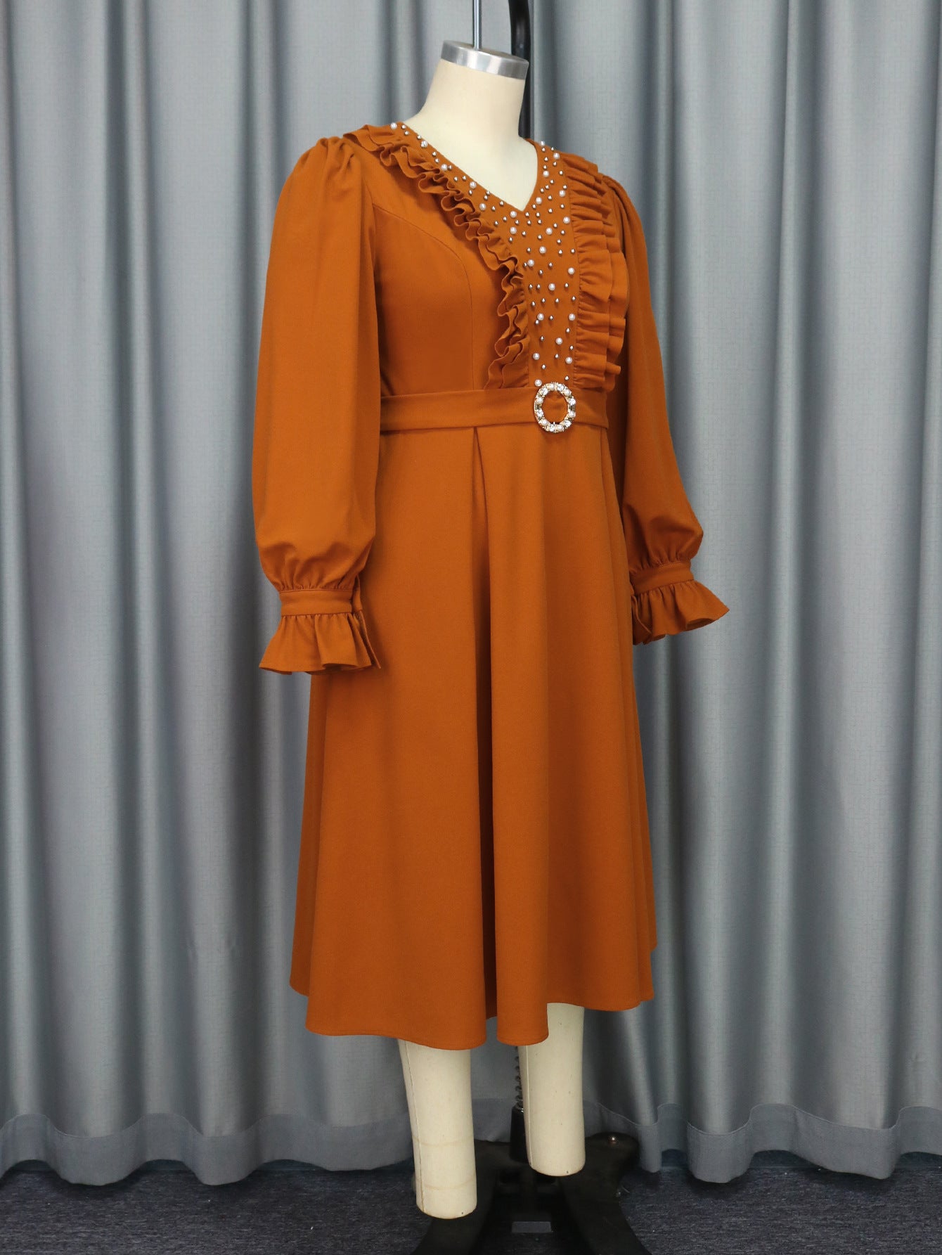 Plus Size Women V-neck lantern sleeve Ruffle Edge party beaded dress 5