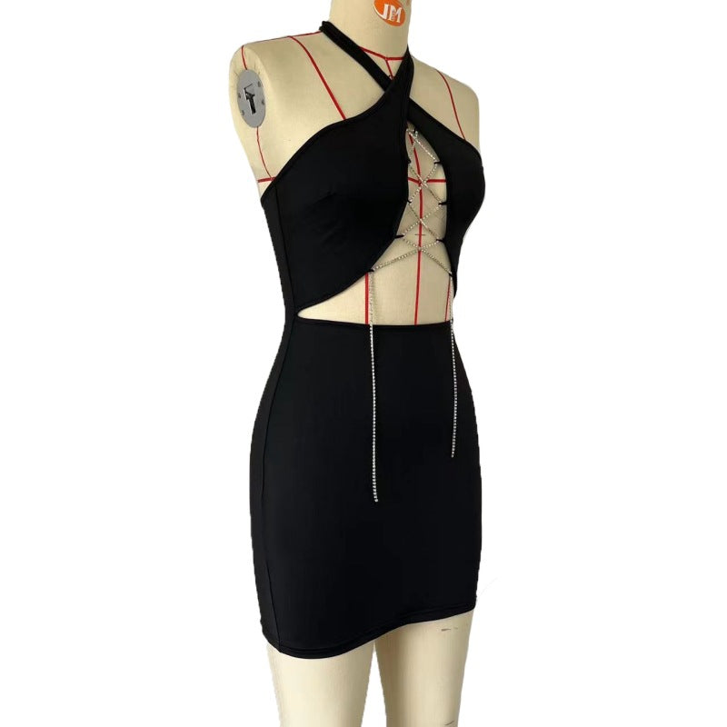 Women Halter Neck Bodycon Sexy Diamond Chain Lace-Up Dress 10