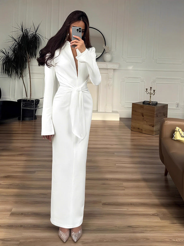 Autumn Women's Solid Color Chic Turndown Collar Slim Waist Lace-Up Zipper Long Sleeve Dress 4