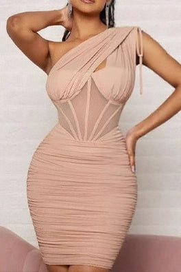 Women sexy Slash Shoulder See-Through Bodycon Solid Dress 4