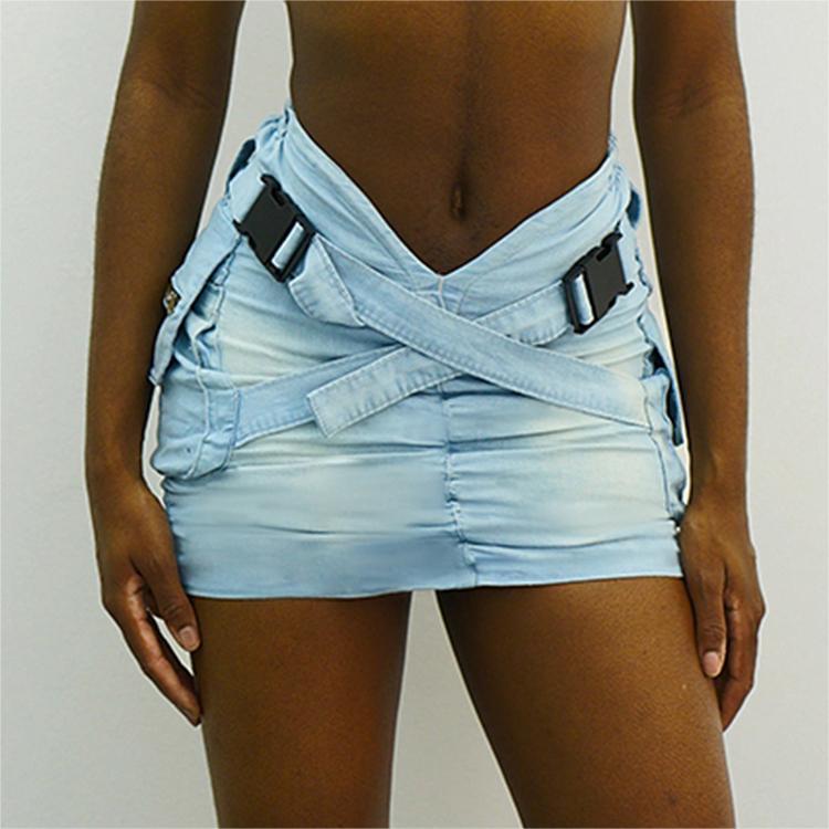 Women Pocket Cross Denim Mini Skirt 4