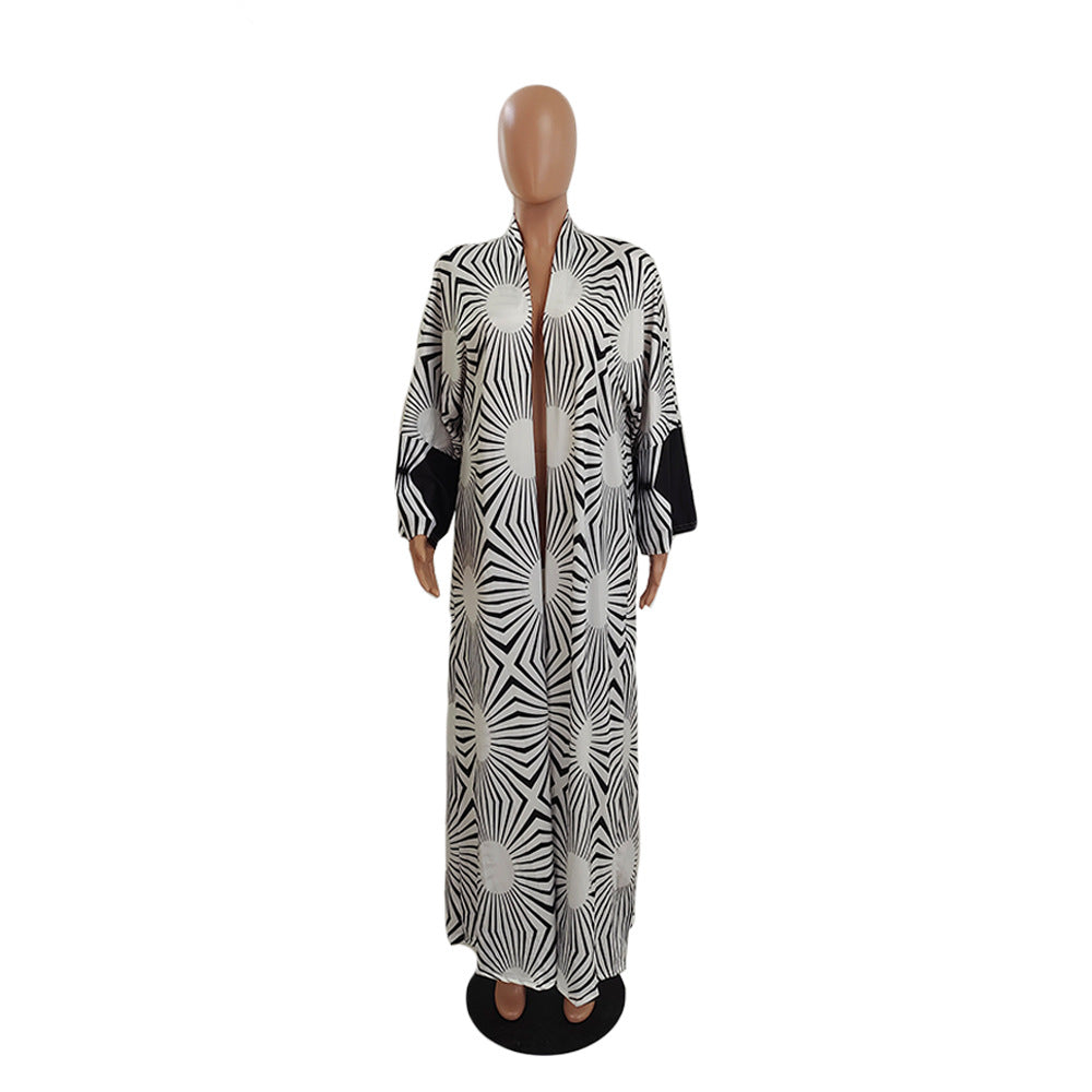 Women's Fashion Chic Plus Size Versatile Long Loose Print Cardigan Coat 35