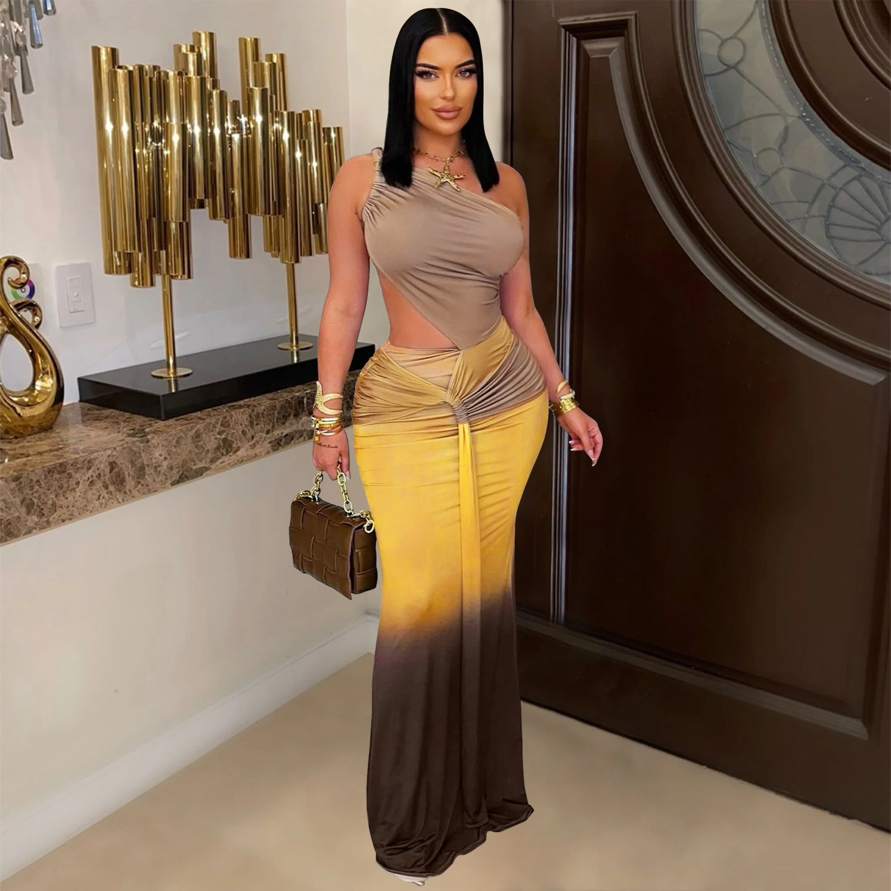 Summer Women's Sexy One-Shoulder Open Waist Gradient Long Dress