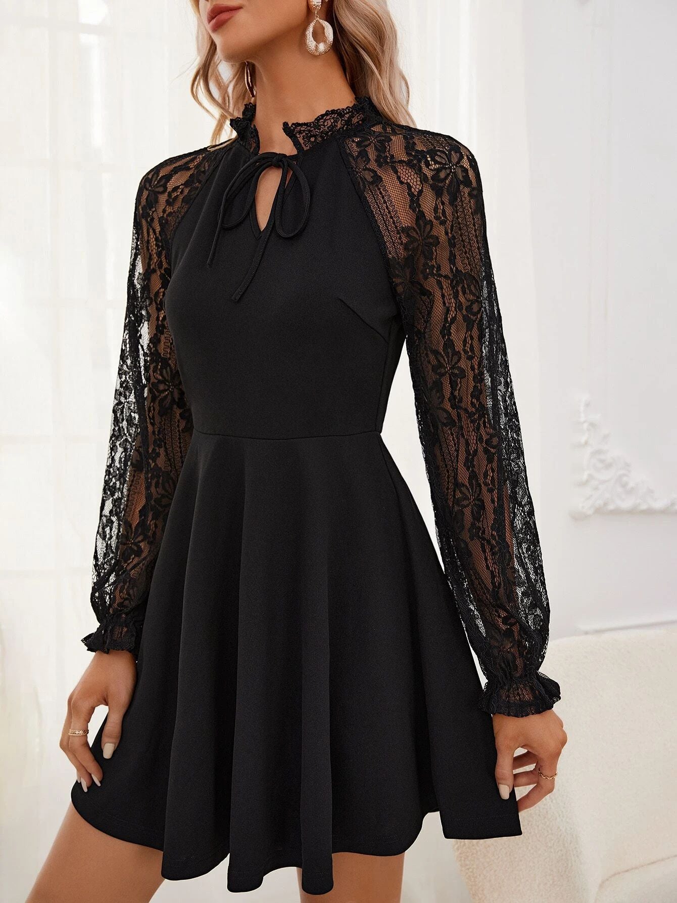 Autumn Winter Elegant Women's Solid Contrast Lace Long Sleeve Casual Dress 5