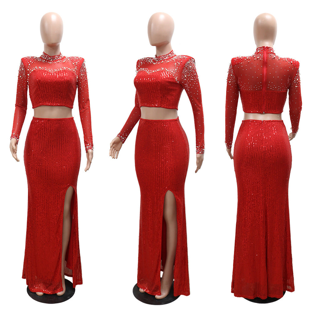 Fashionable Round Neck Mesh sequined long-sleeved top high slit skirt two-piece set for women 14