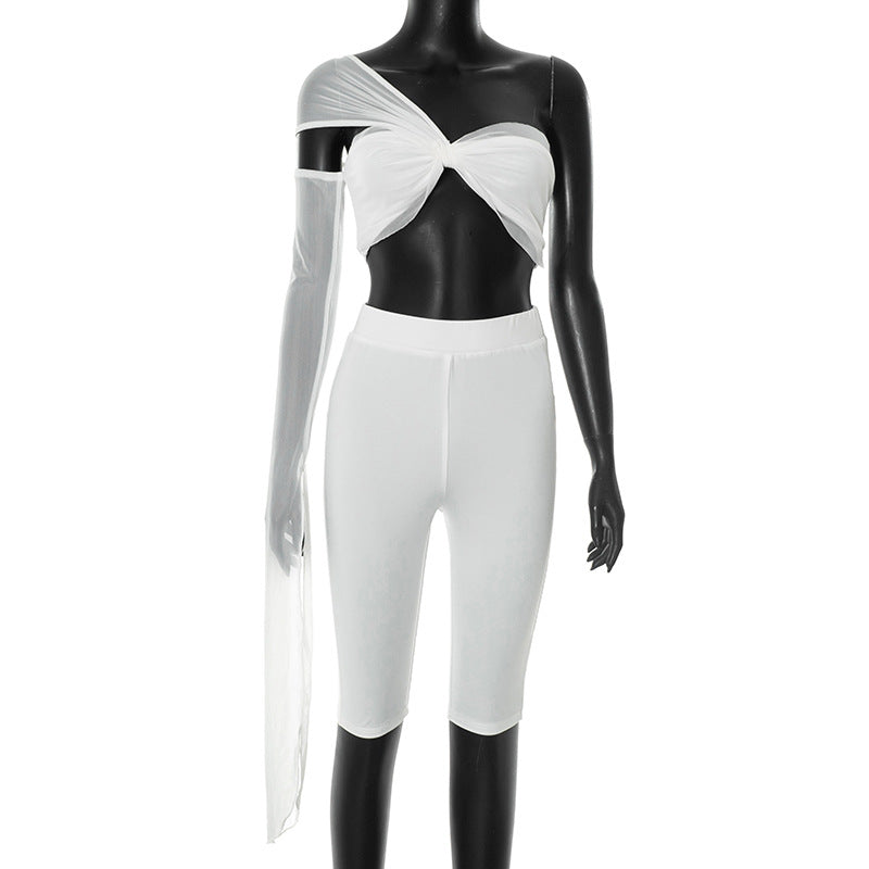 Women's Spring-Summer See-Through Mesh One-Sleeve Slim Tight Two-Piece Shorts Set 6