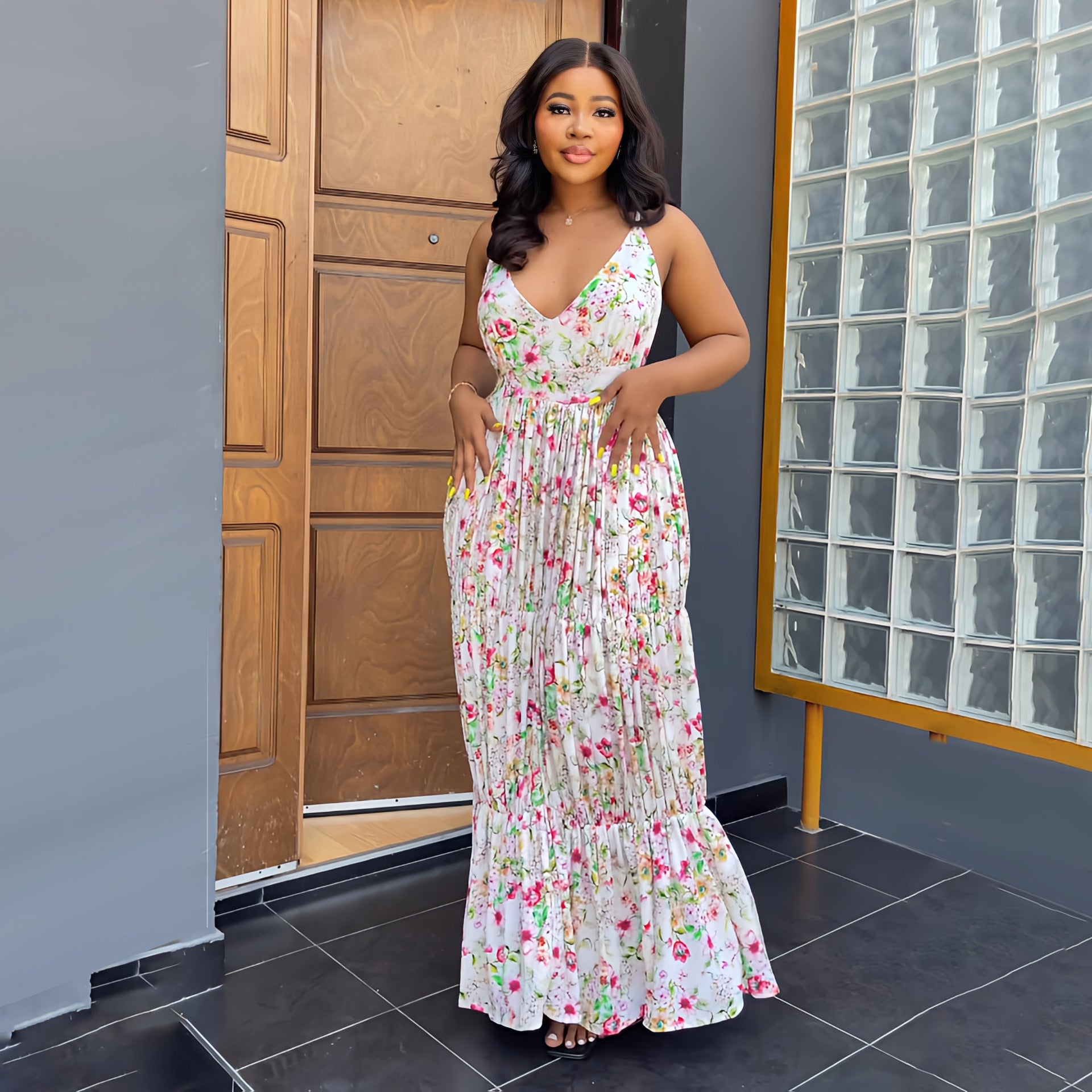 Sleeveless V-neck Low Back Printed Slim Dress Versatile Women's Strap Dress 3