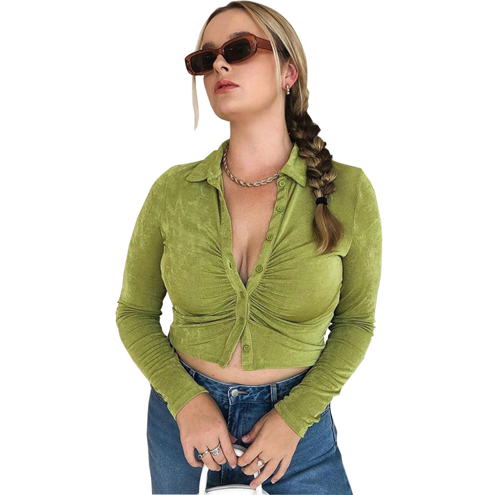 Women Sexy Pleated Turndown Collar Long Sleeve Shirt 5