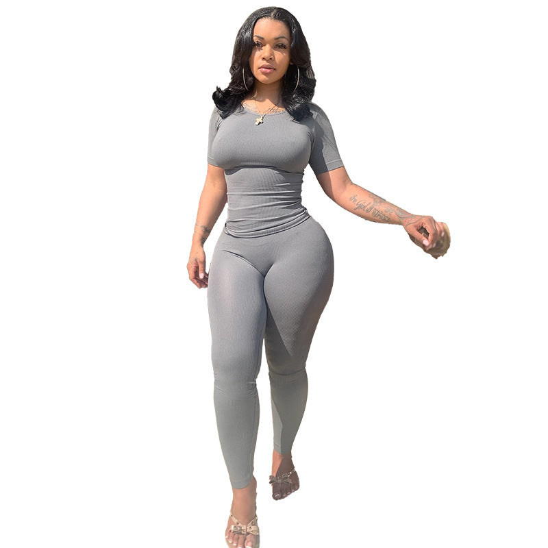 Plus Size Sports Two Piece Ribbed High Stretch Solid Color Suit Women 4