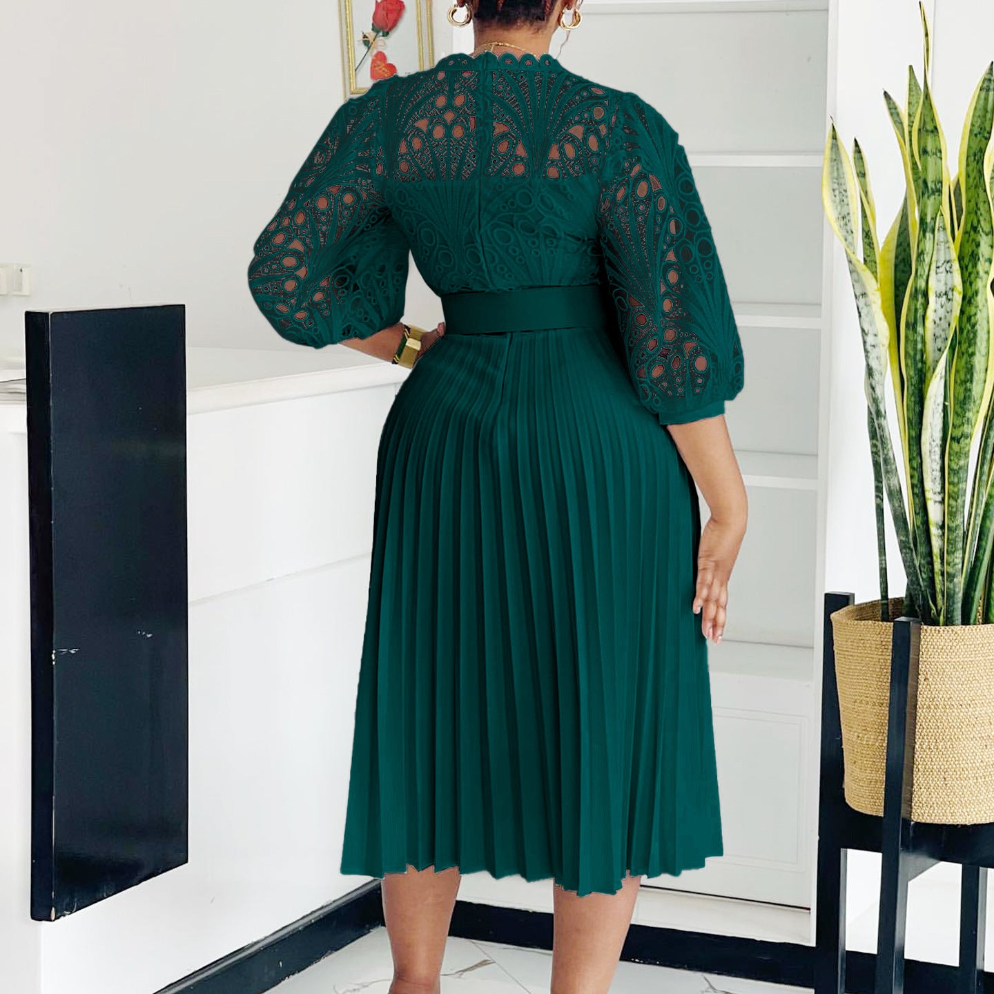 Women Solid lace hook flower hollow pleated dress 9