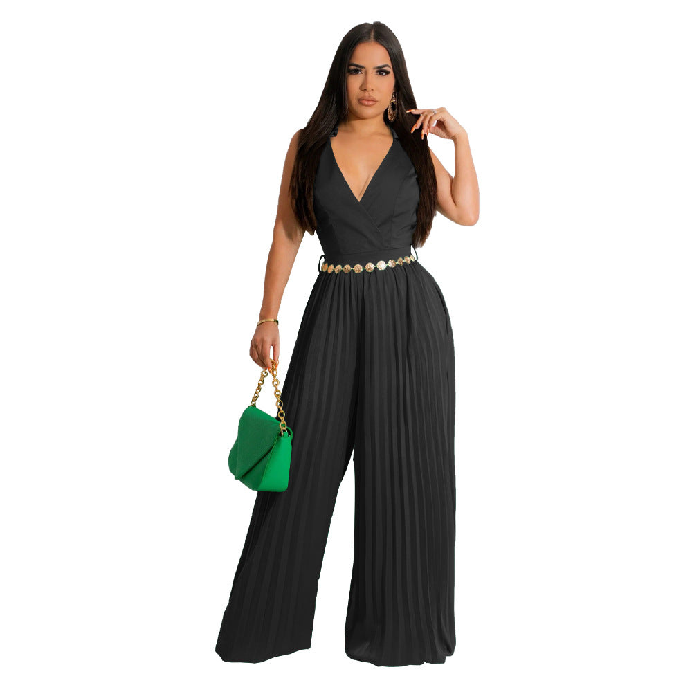 Sleeveless Chic Casual V Neck Slim Waist Pleated Wide Leg Jumpsuit 9