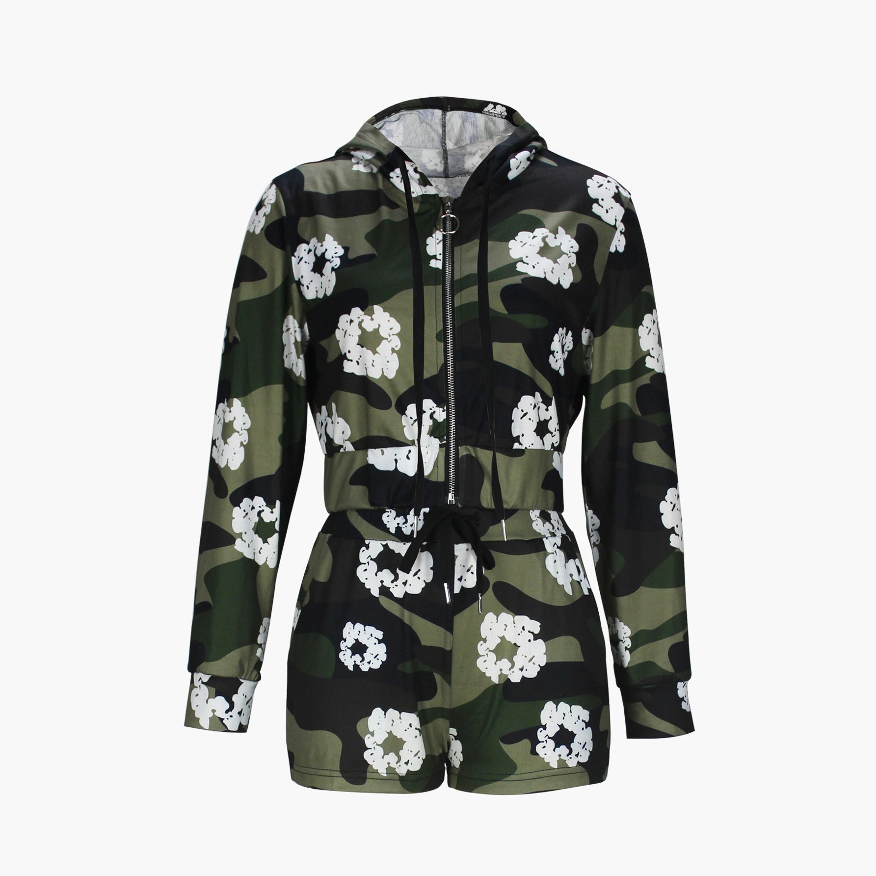 Spring Autumn Women's Camouflage Print Zipper Fashion Casual Hooded Two Piece Shorts Set