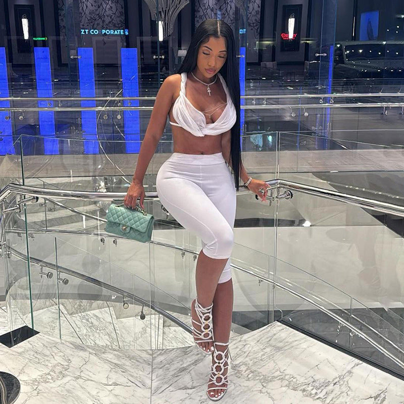 Women Halter Neck Backless Lace Tank Top and Solid Cropped Pants two-piece set 5