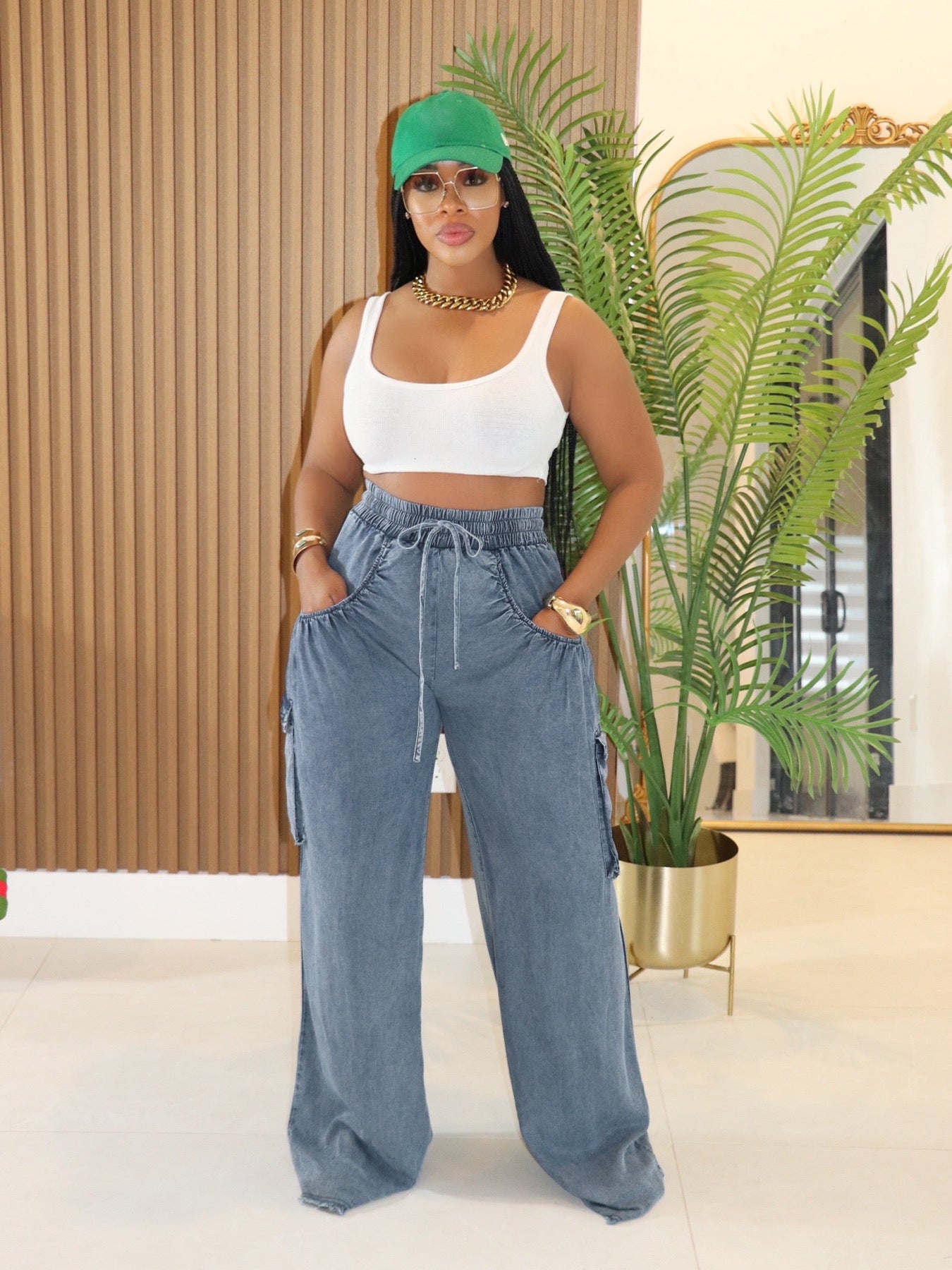 Casual Drawstring Denim Pants Women's  Wide-Leg Cargo Trousers 3