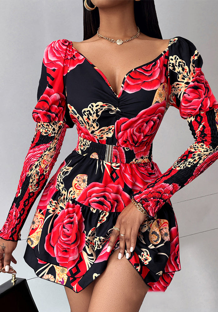 Women floral print V-neck puff sleeve dress