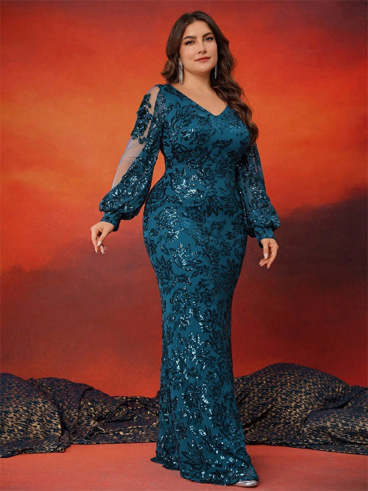 Plus Size Women V-Neck Sequined Long Sleeve Elegant Fishtail Evening Dress 5