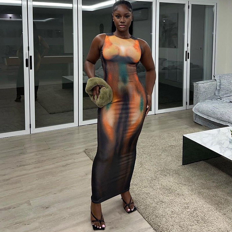 Women Printed Round Neck Sleeveless Dress 7