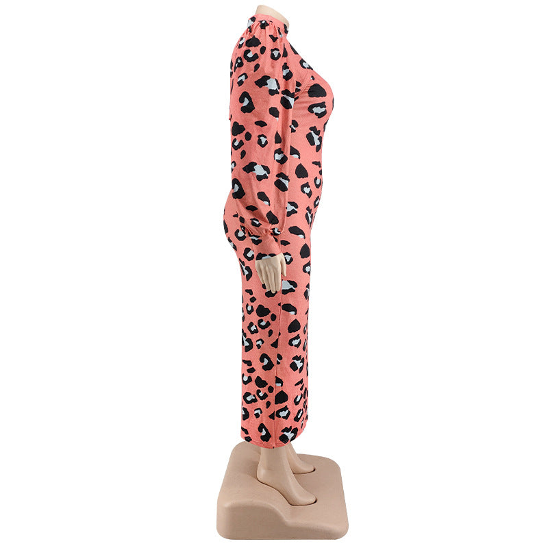 Sexy Plus Size Women's Spring Leopard Print Puff Sleeve Dress 13