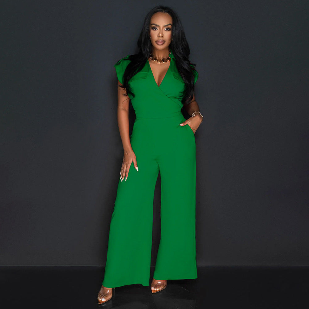 Fashionable Women's Solid Color Sleeveless V-Neck Wide Leg Jumpsuit 3