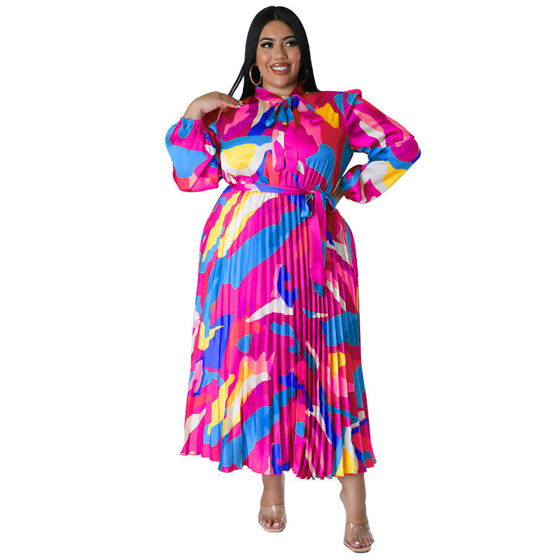 Plus Size Women Lace-Up Long Sleeve Printed Pleated Dress 30