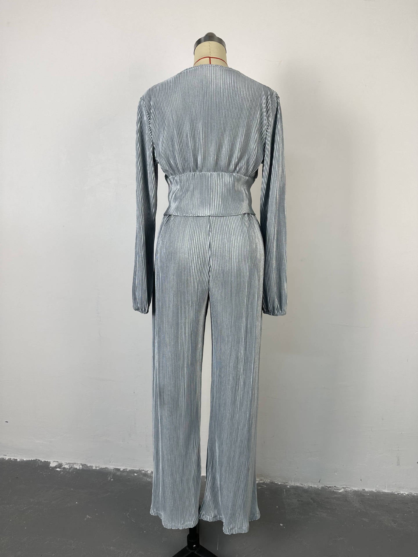 Women's Autumn Fashion V-Neck Puff Sleeve Top Wide Leg Trousers Casual Two Piece Set 14