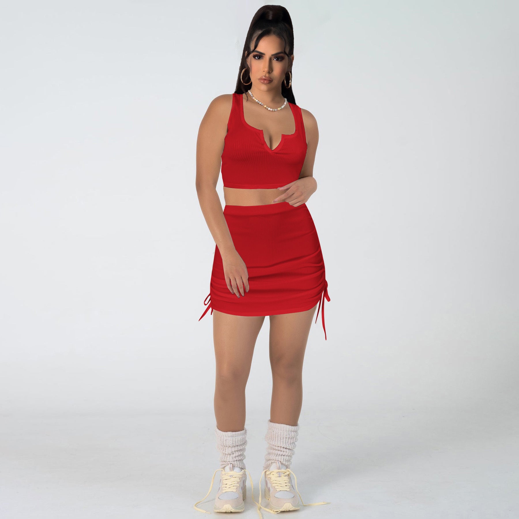Women Stretch sexy v-neck Top and drawstring Solid Skirt two-piece set 10