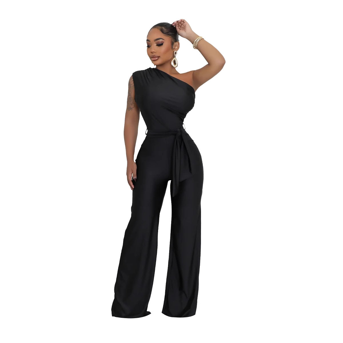 Women's Sexy Solid Color Fashion One-Shoulder Slash Shoulder Jumpsuit
