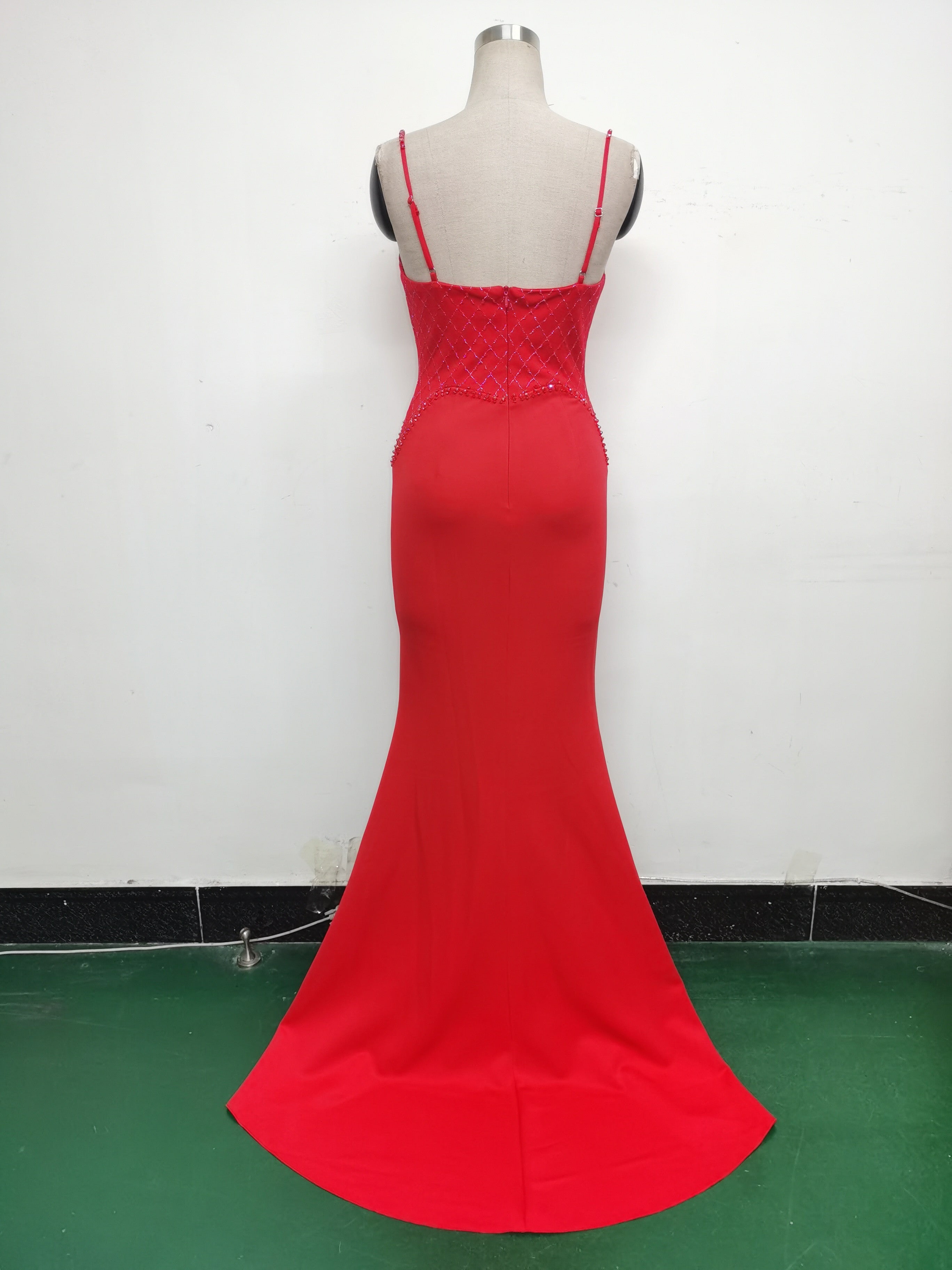 Women Strappy Heart-Shaped Lace Grid Embroidery Beaded Fishbone Formal Party Evening Dress 24