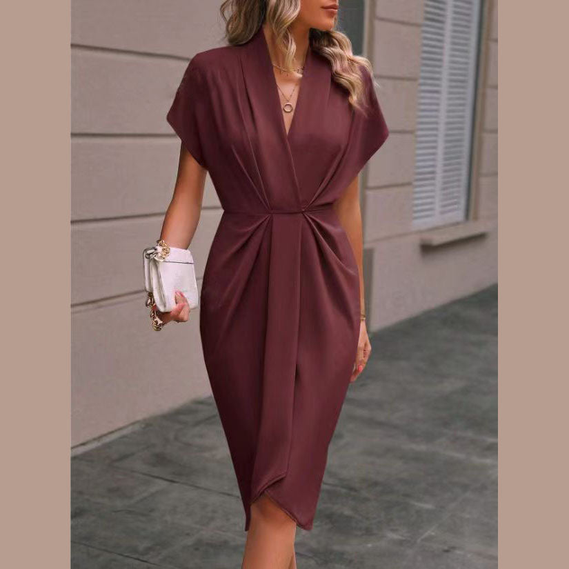 Summer Women's Fashion Elegant V-Neck Party Dress Solid Gown 10