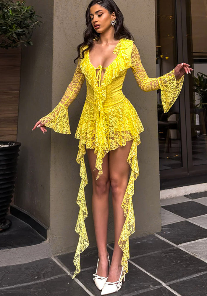 Women Lace Lotus Leaf Ribbon Long Sleeve Dress