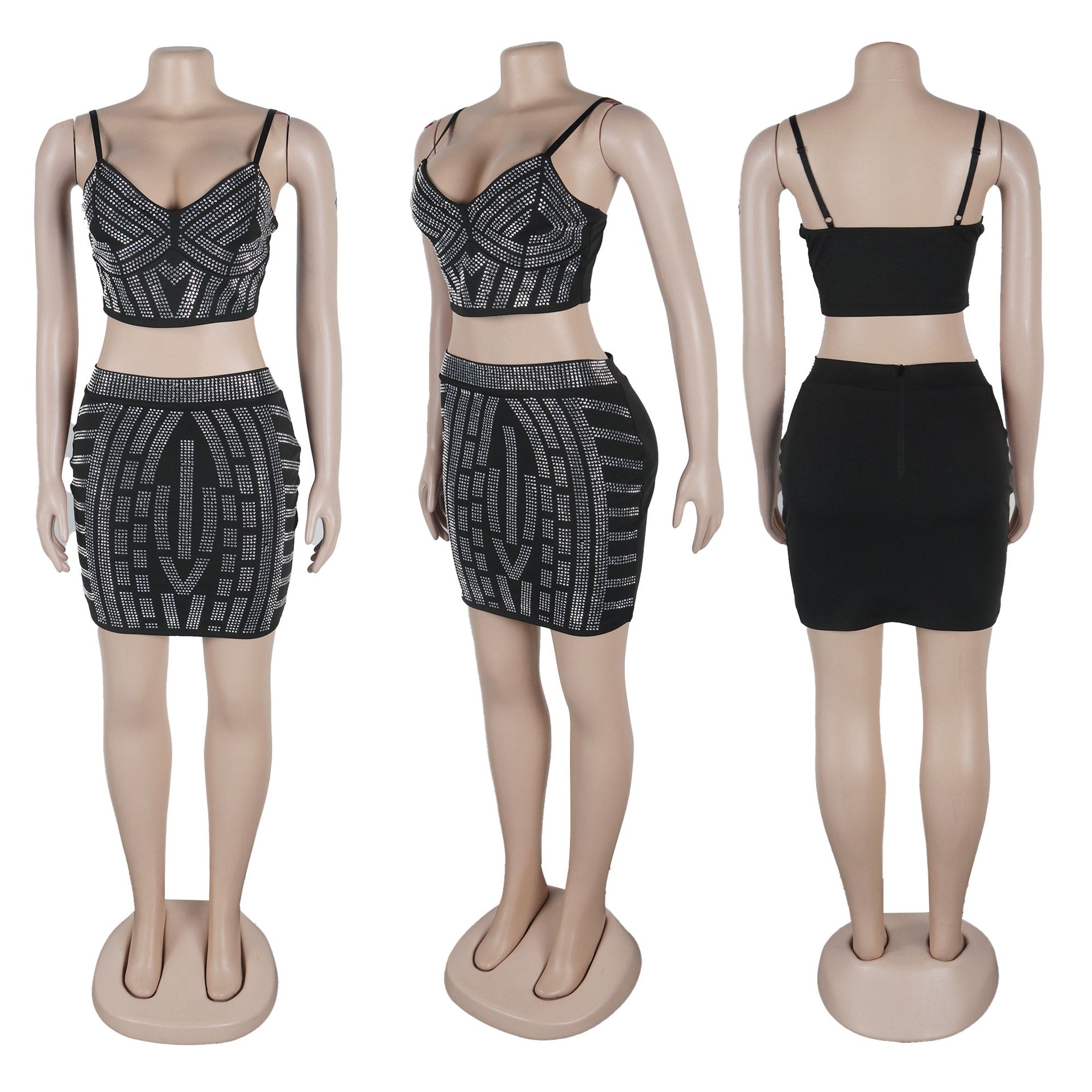 Beaded Elastic Strap Crop Top Bodycon Skirt Two Piece Set 9