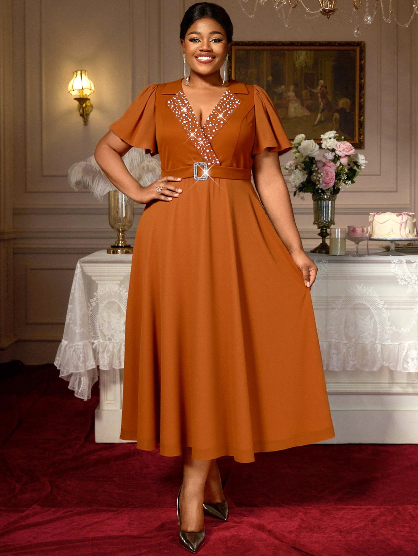 Plus-Size Women Turndown Collar Beaded V-Neck Puff Sleeve Belted Dress