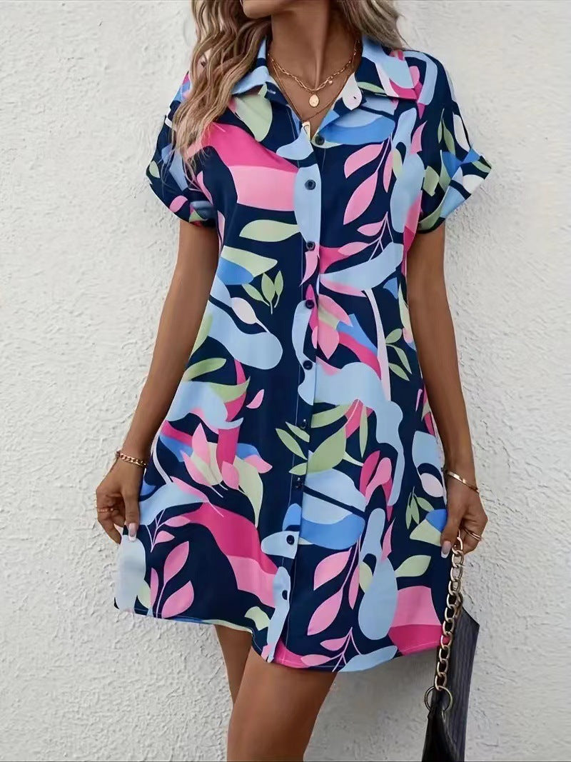 Women Printed Button Casual Short Sleeve Shirt Dress 11