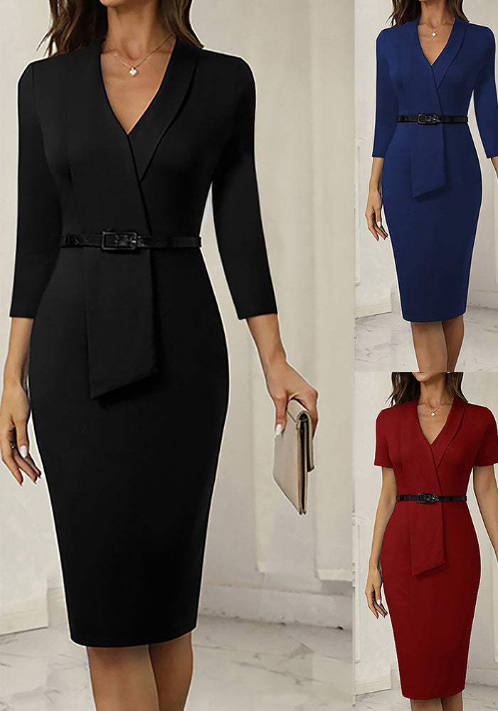 Fake Two-Piece Career Bodycon Fashion Dresses for Women Belt V-Neck Solid Color Dress