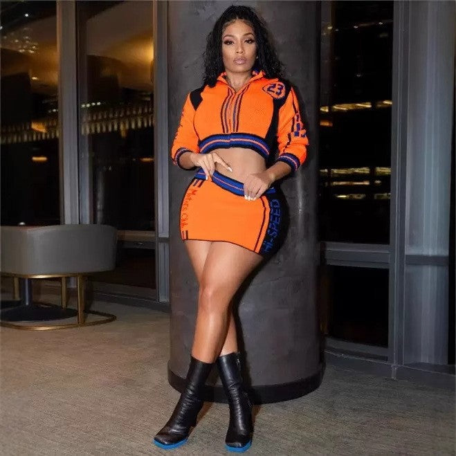 Autumn Letter Knit Zipper Ribbed Long Sleeve High Waist Two Piece Short Skirt Set 3