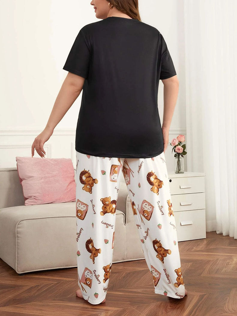 Plus Size Women Cute Bear Printed T-shirts and Pants Pajamas Two Piece 6