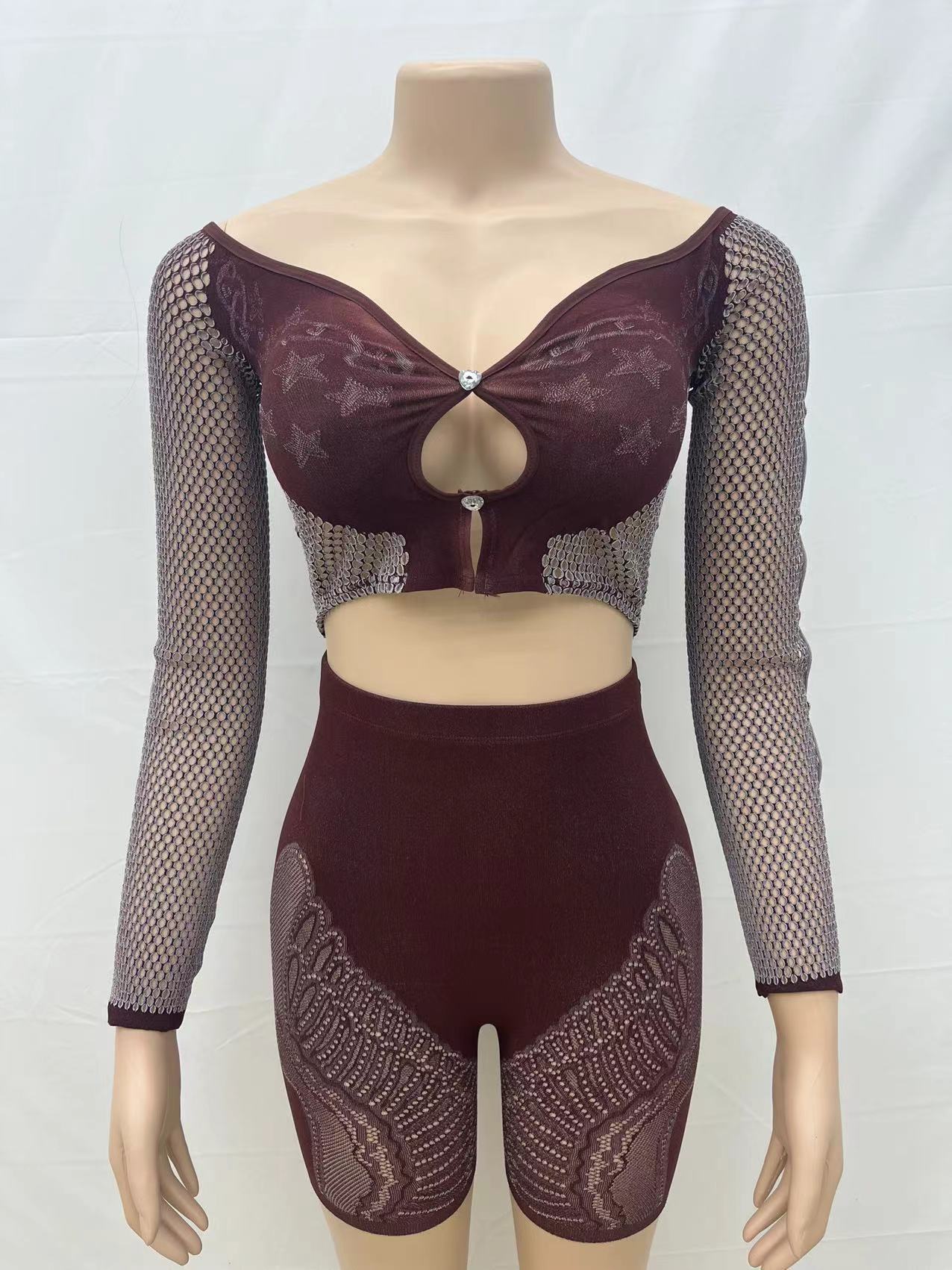 Women Sexy Off-Shoulder Long-Sleeve Cropped Top and Mesh Shorts Two-Piece Set 10